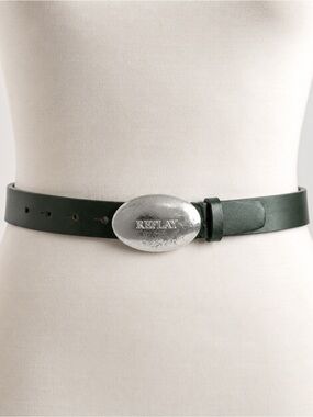 REPLAY Dark Green Leather Belt Silver Oval Logo Buckle Y2K Boho